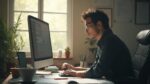 Un jeune homme concentré sur son ordinateur dans son bureau