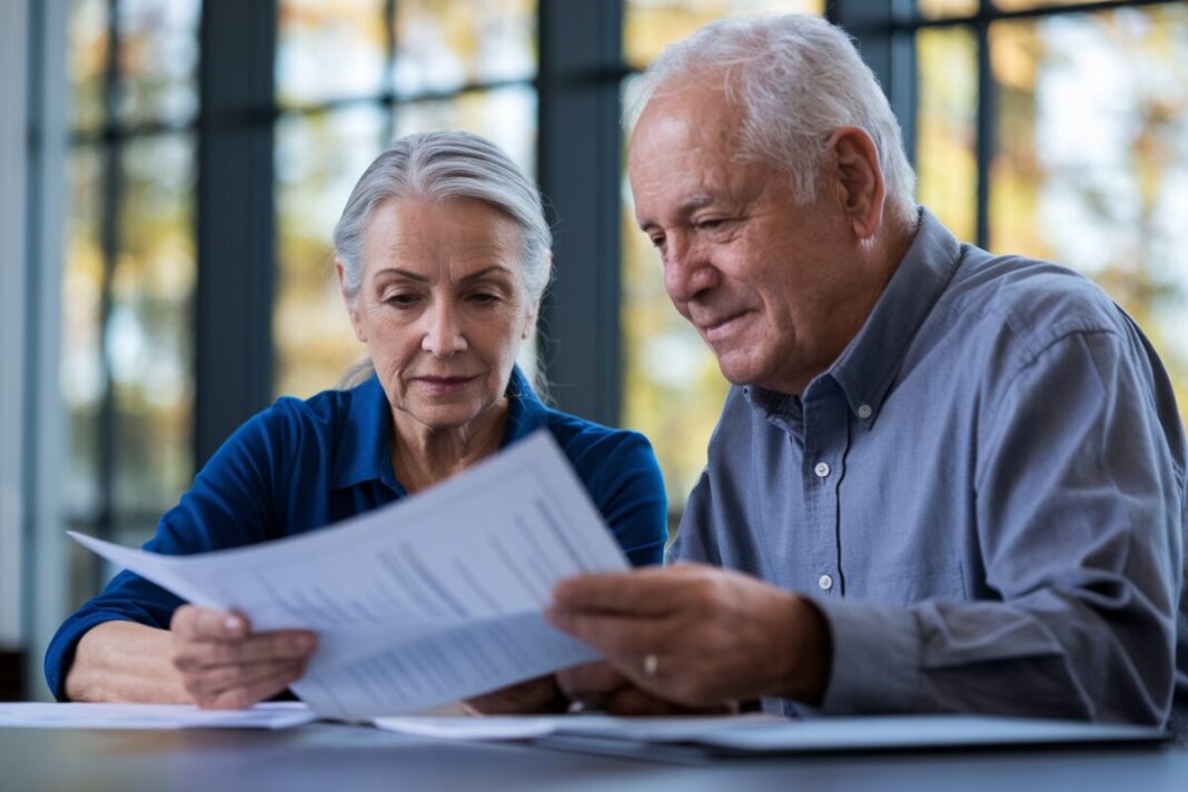 Un couple de retraités examinant des documents financiers à une table.