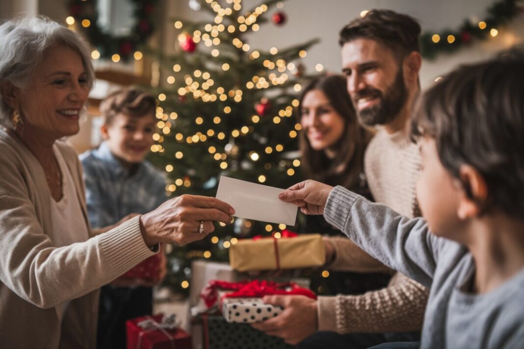 Une famille française échangeant des cadeaux autour d'un sapin de Noël, avec une grand-mère donnant une enveloppe à son petit-enfant.