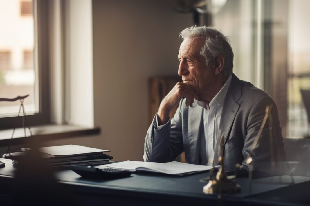 Un retraité italien réfléchissant à un bureau avec des documents juridiques.