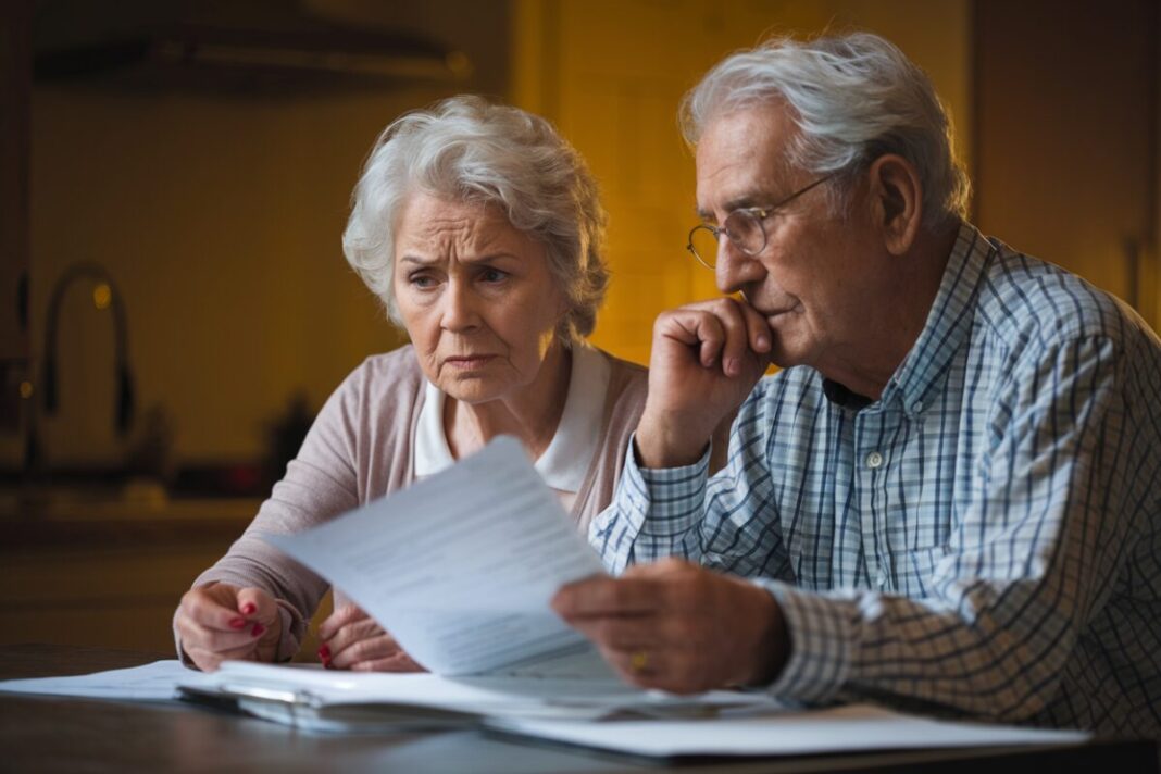 Un couple âgé discutant de documents financiers à une table de cuisine.