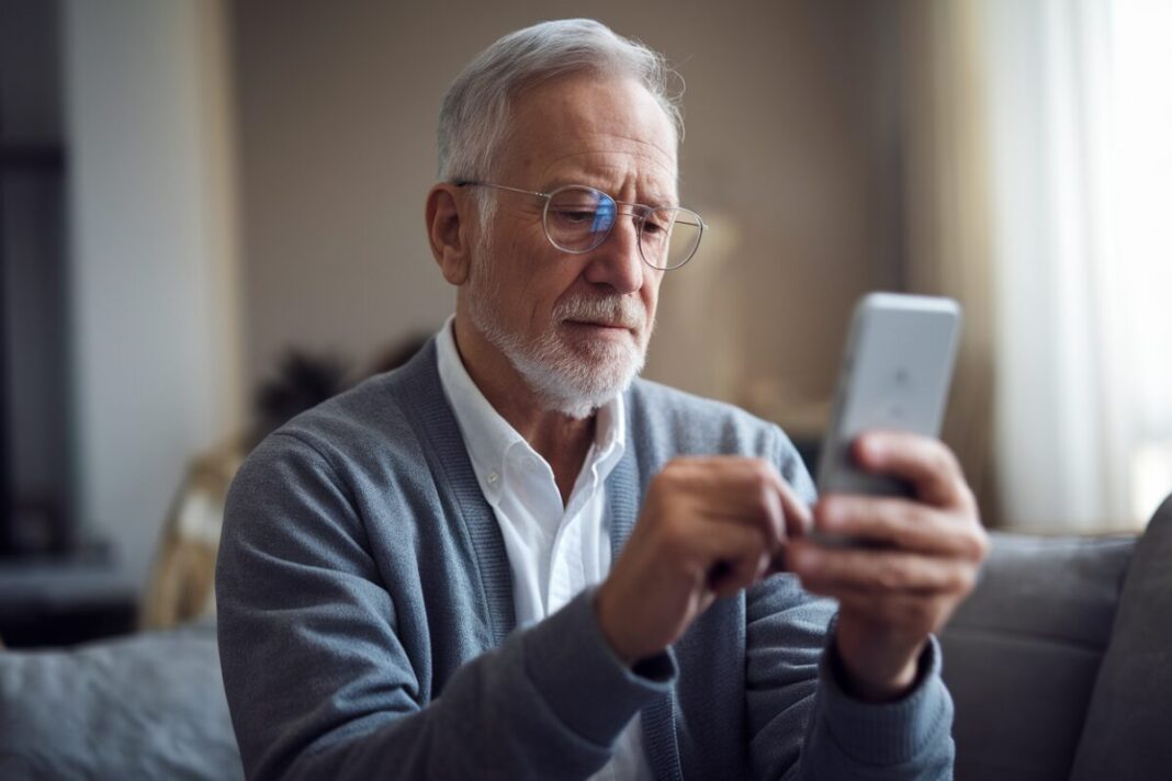 Un retraité vérifiant son calendrier sur un smartphone