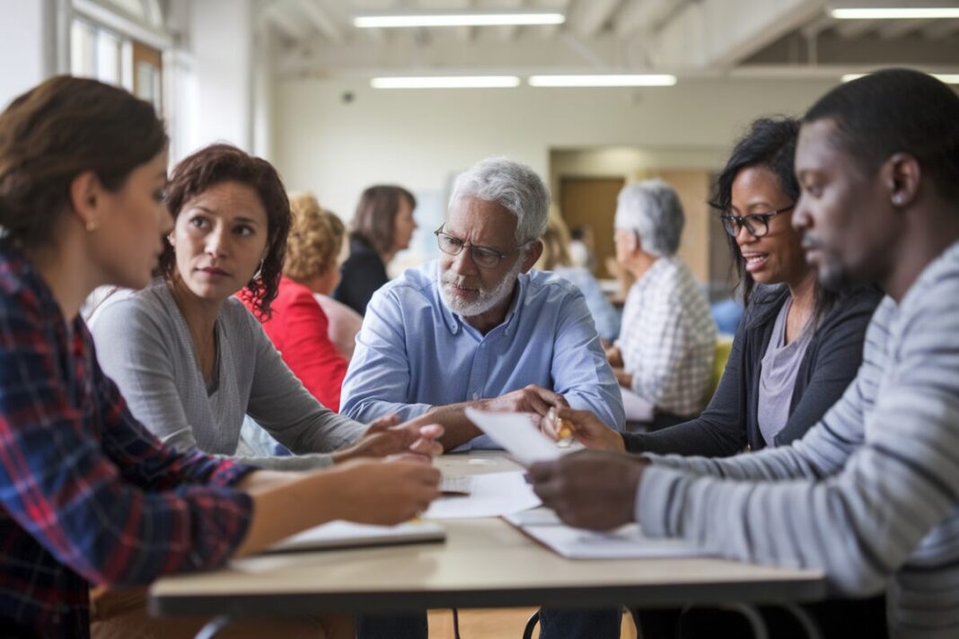 Groupe discutant de finances dans un centre communautaire