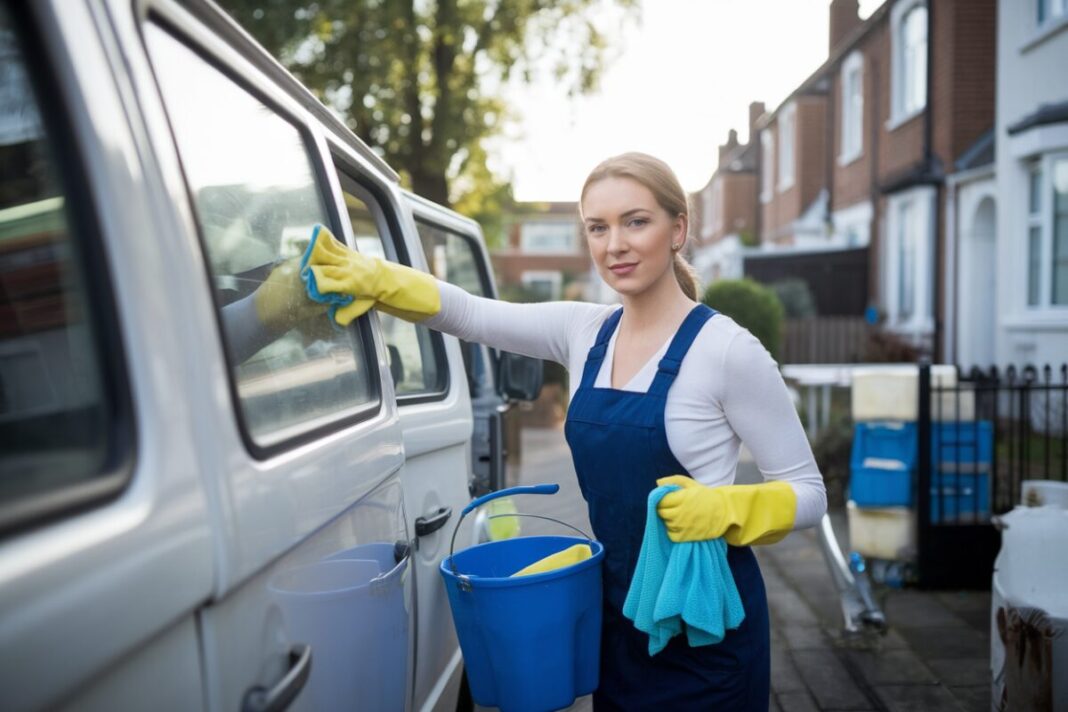 Jeune cheffe d’entreprise de nettoyage près de sa camionnette