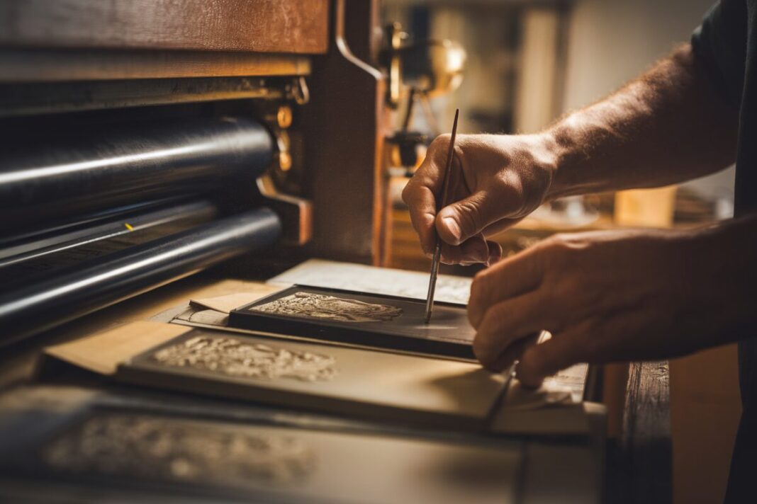 Un graveur ajuste une presse ancienne avec précision dans un atelier