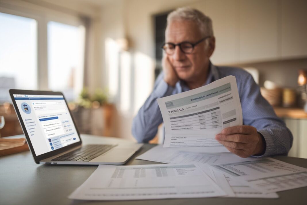 Un retraité examine ses relevés Agirc-Arrco et documents fiscaux à domicile