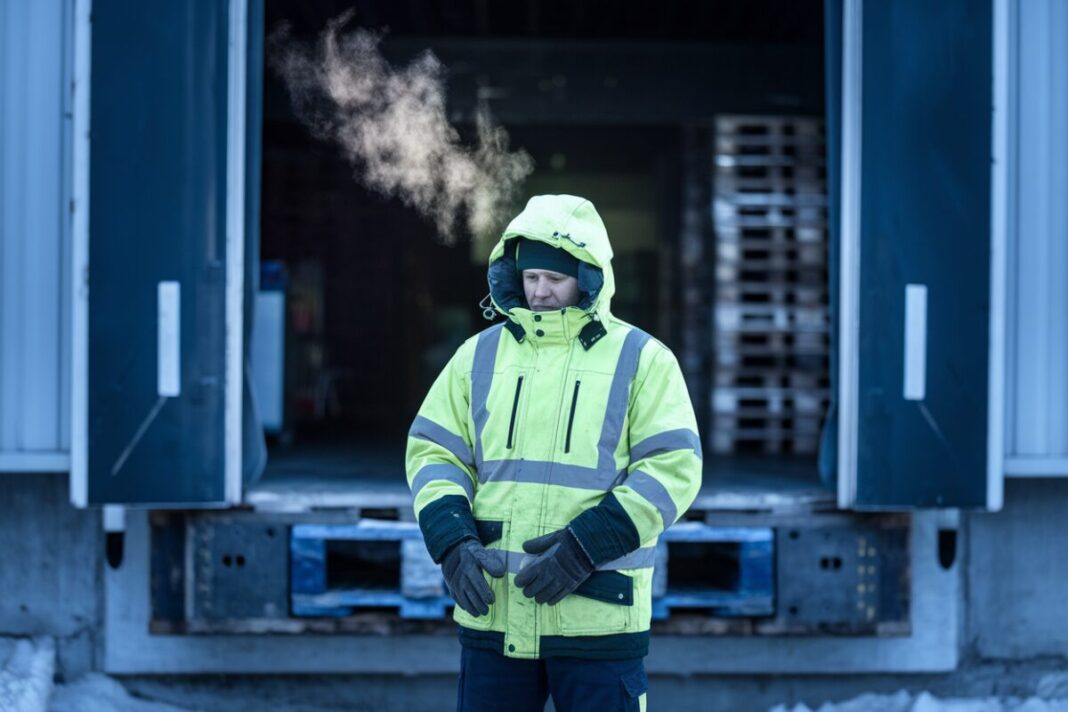 Un salarié emmitouflé travaille près d’un quai de chargement froid