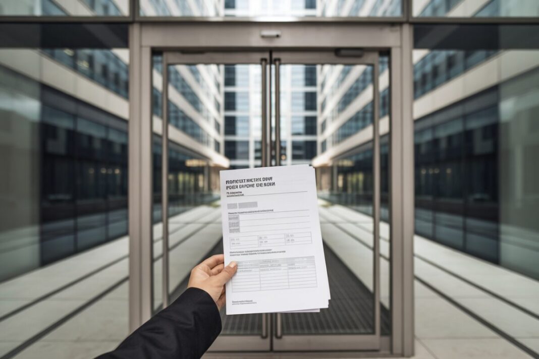 Document d’arrêt maladie tenu devant l’entrée d’un bureau moderne