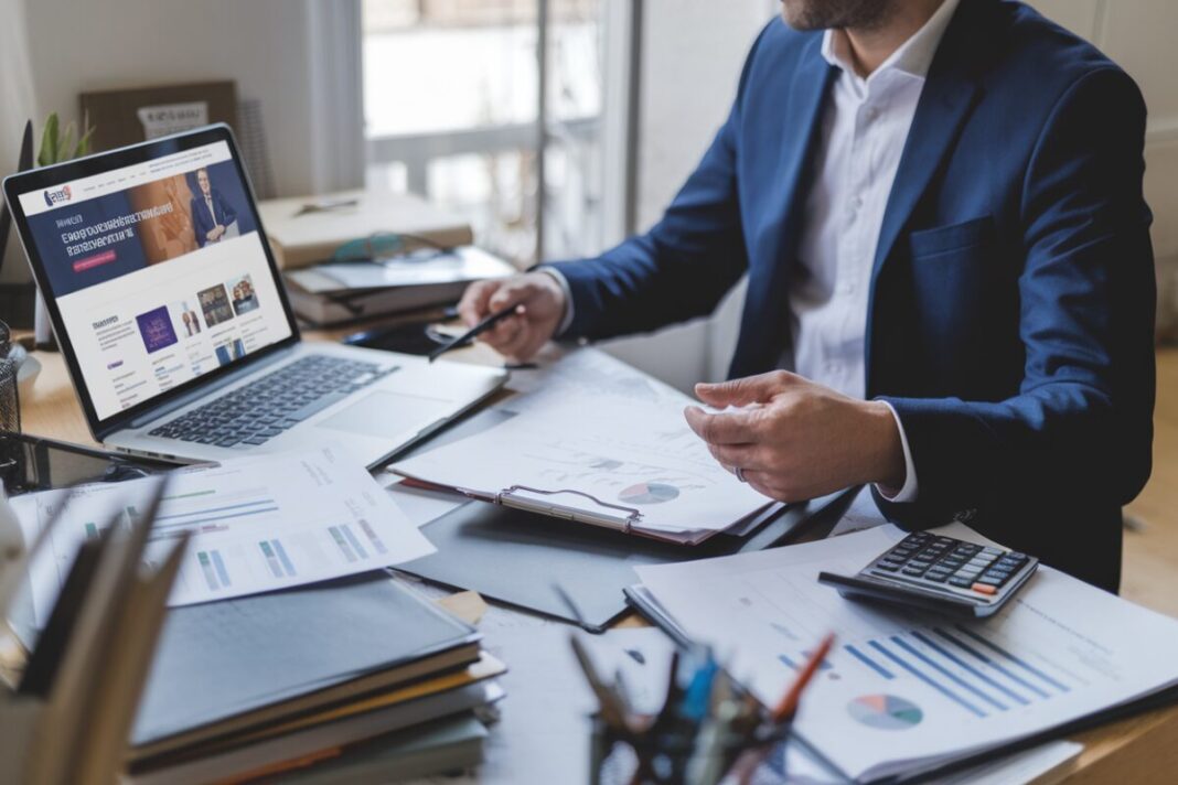 Un dirigeant de PME consulte des actualités sur ordinateur au bureau