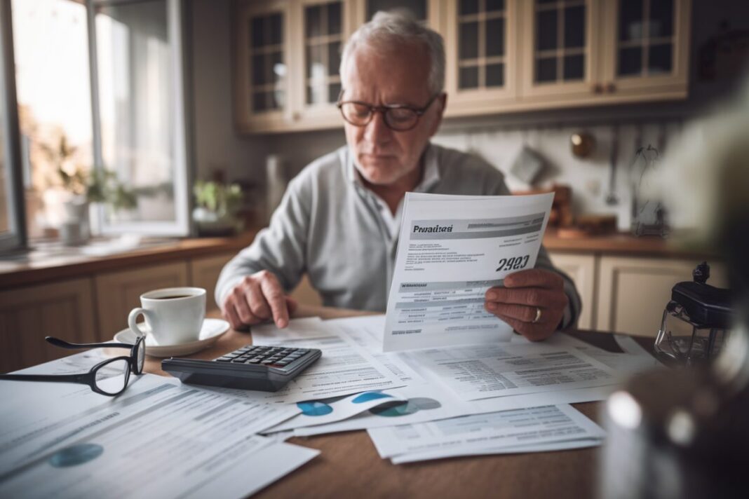 Un retraité examine sa pension et son avis d’imposition sur table
