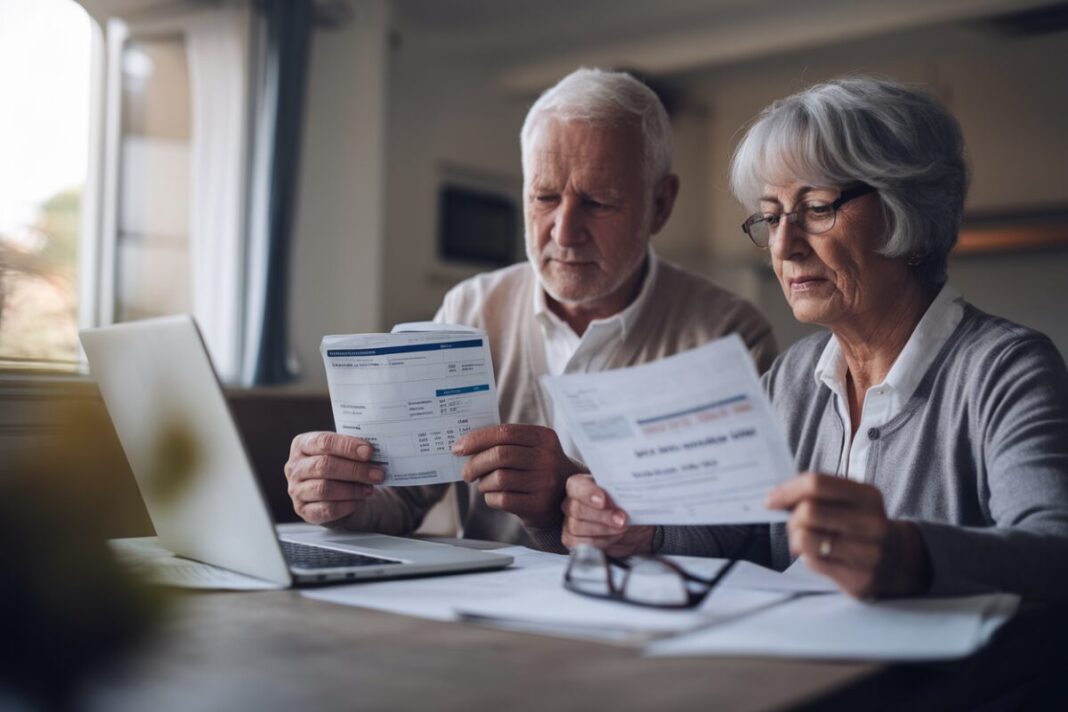 Un couple de retraités examine un relevé de pension à la maison