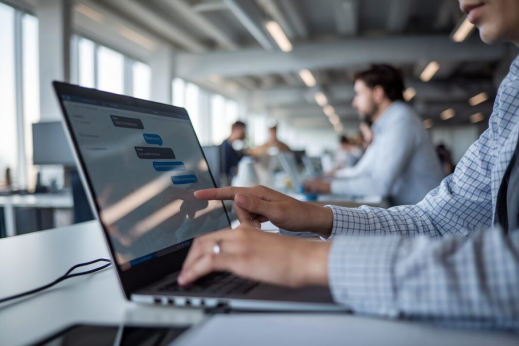 Un prompt engineer rédige des consignes IA sur ordinateur portable