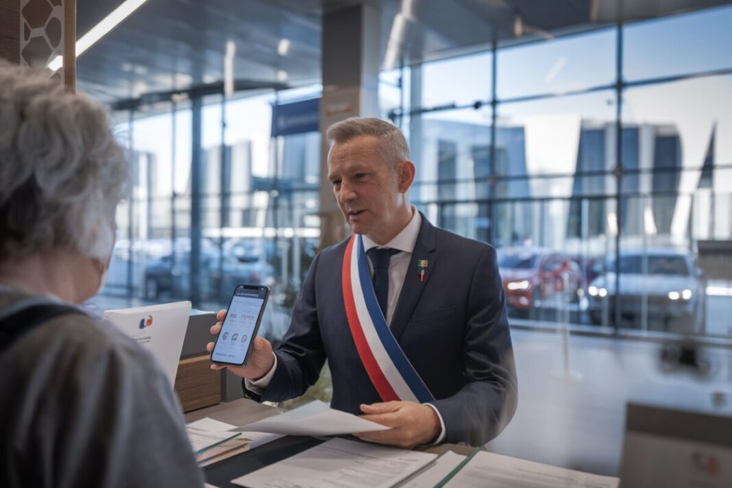 Un maire échange avec un habitant dans une mairie française moderne