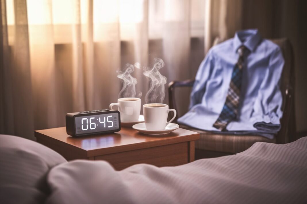 Réveil à 6h45, tasses de café et tenue de bureau au fond