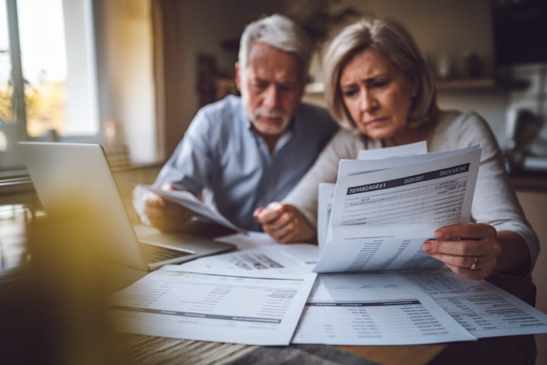 Un couple de retraités examine des relevés Agirc-Arrco à la maison